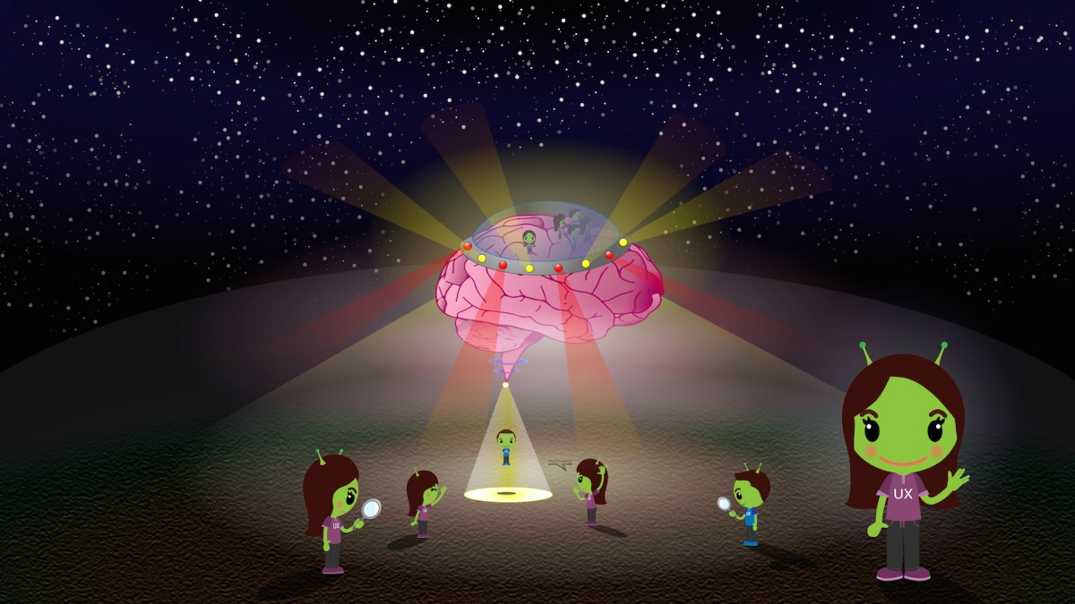 Cartoon of a brain-spaceship with UX people shown as green aliens